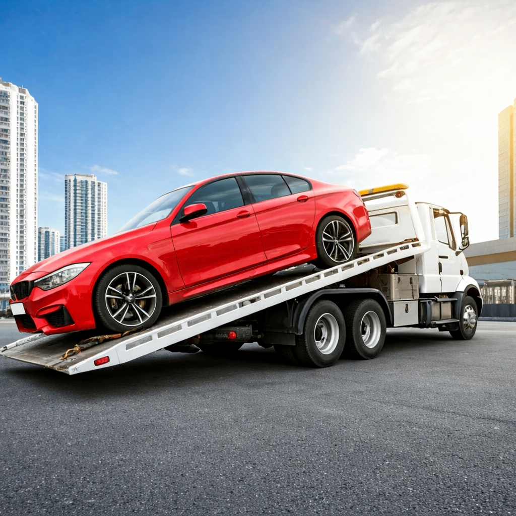 Flatbed truck carrying a red luxury sports car
